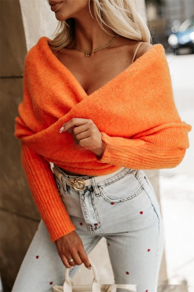 V-Neck Cross Multi-Color Sweater Trend Off The Shoulder