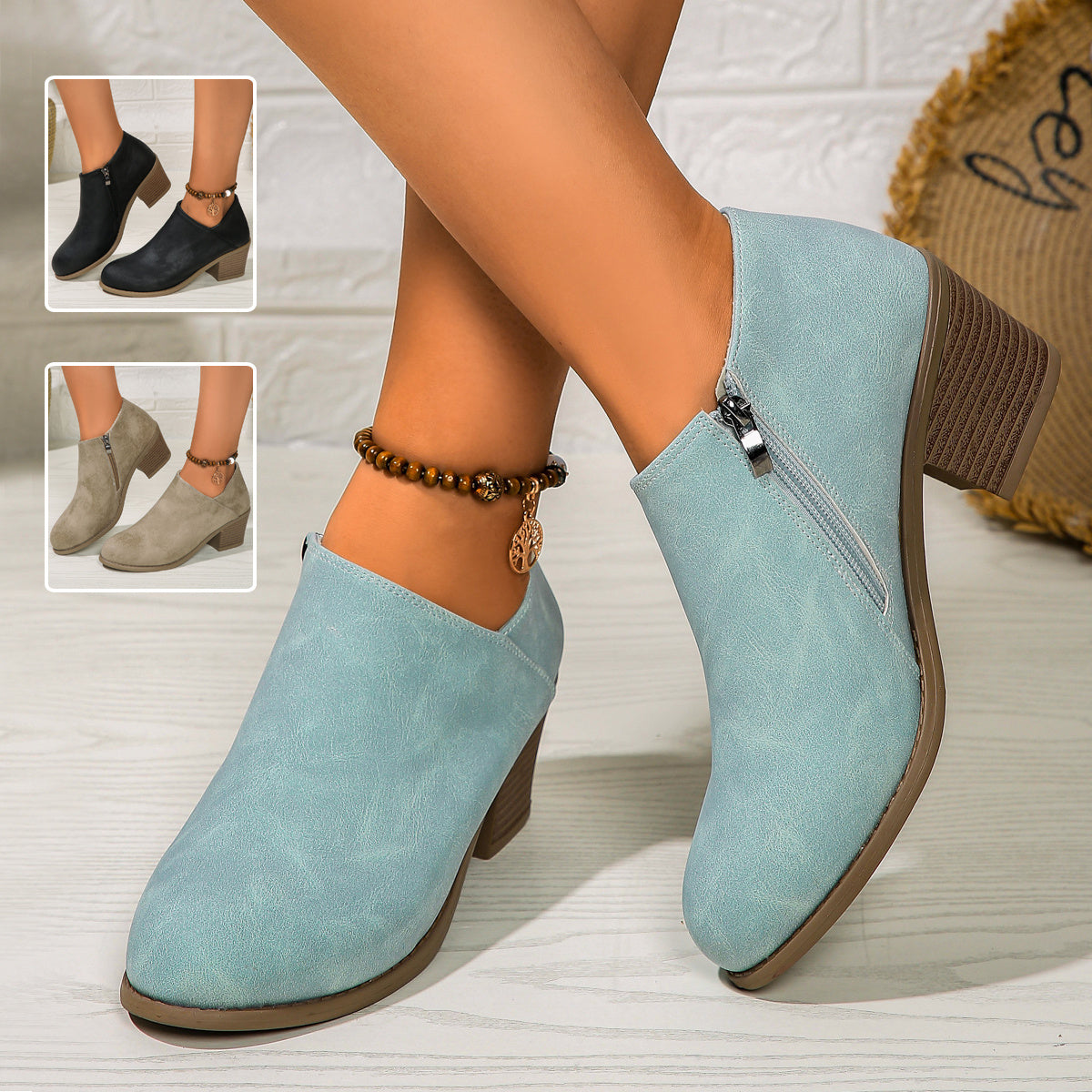 Chunky Heel Round Toe Ankle Boots With Side Zipper