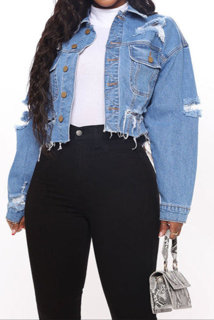 Ripped Denim Short Washed Long Sleeve Coat