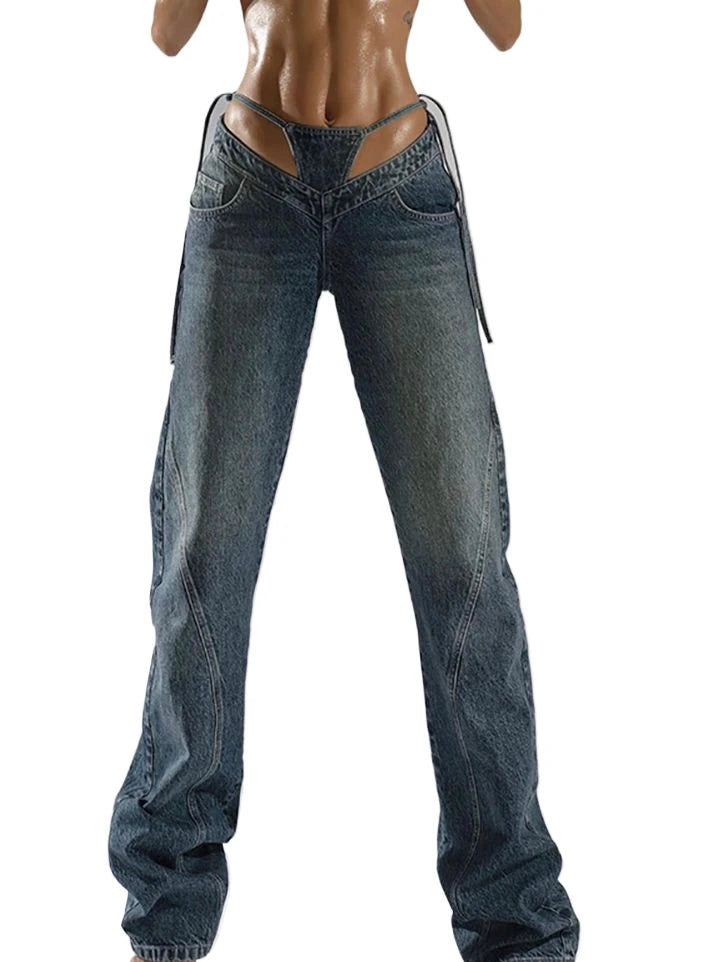 High Waisted Wide Leg V Strap Jeans