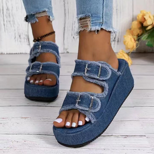 Denim Thick Bottom Buckle Wedges Sandals