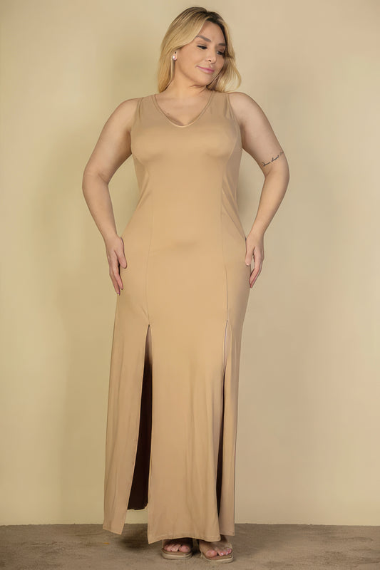 Plunge Neck Thigh Split Maxi Dress