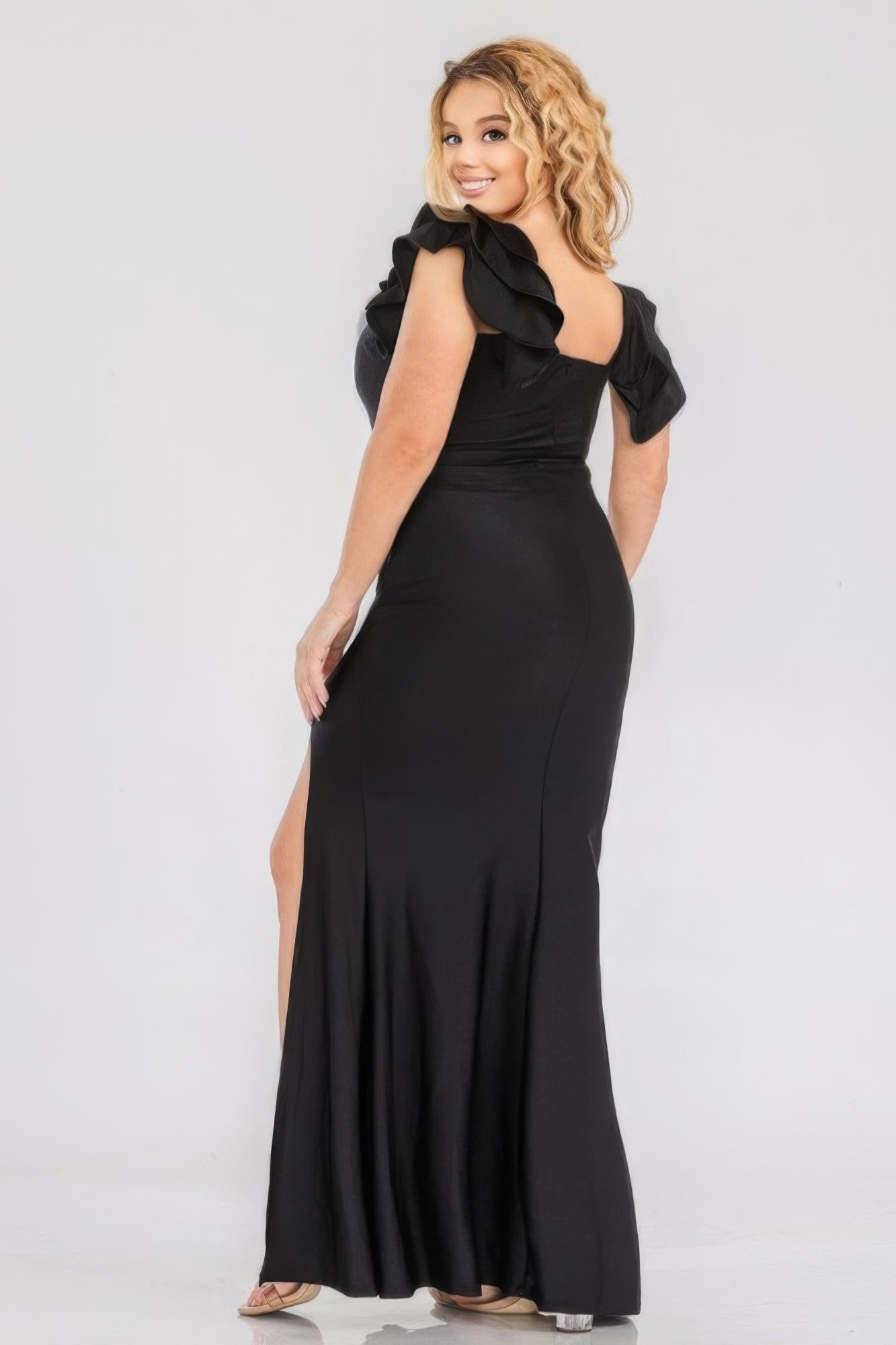 Satin Stretch Ruffle Party Maxi Dress