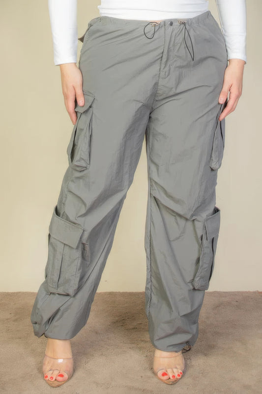 Flap Pockets Drawstring Ruched Parachute Pants