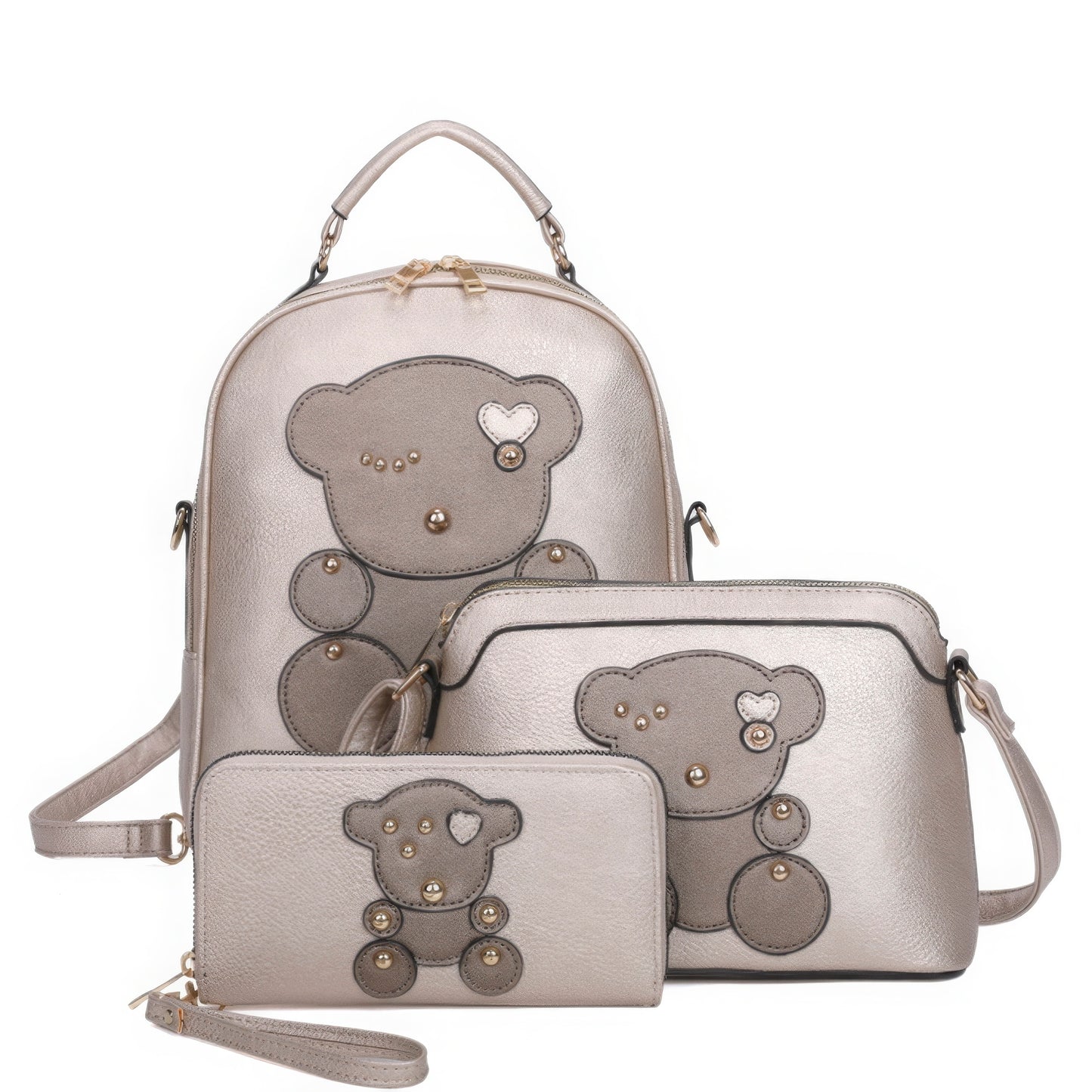 3in1 Cute Bear Design Handle Backpack W Crossbody And Wallet Set