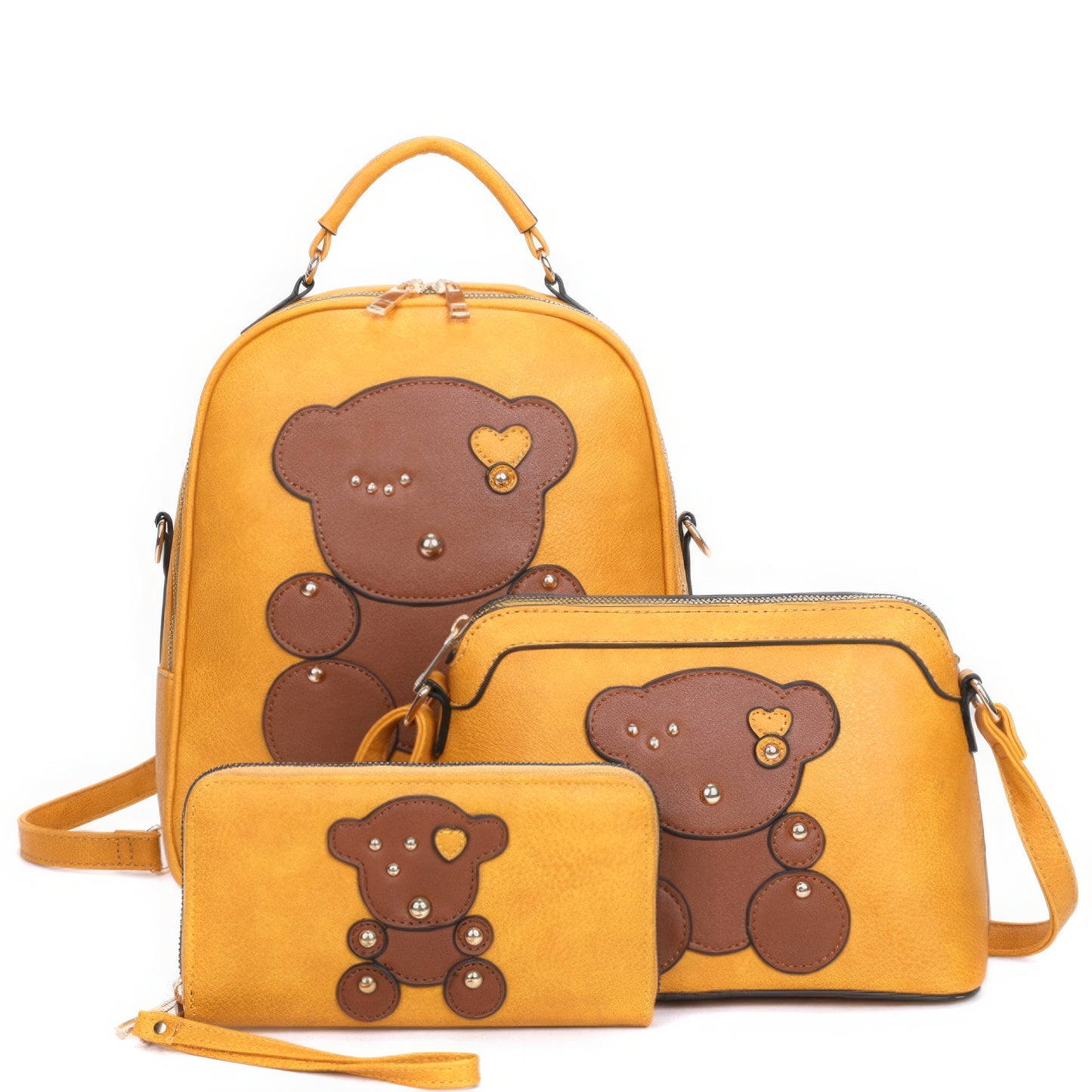 3in1 Cute Bear Design Handle Backpack W Crossbody And Wallet Set