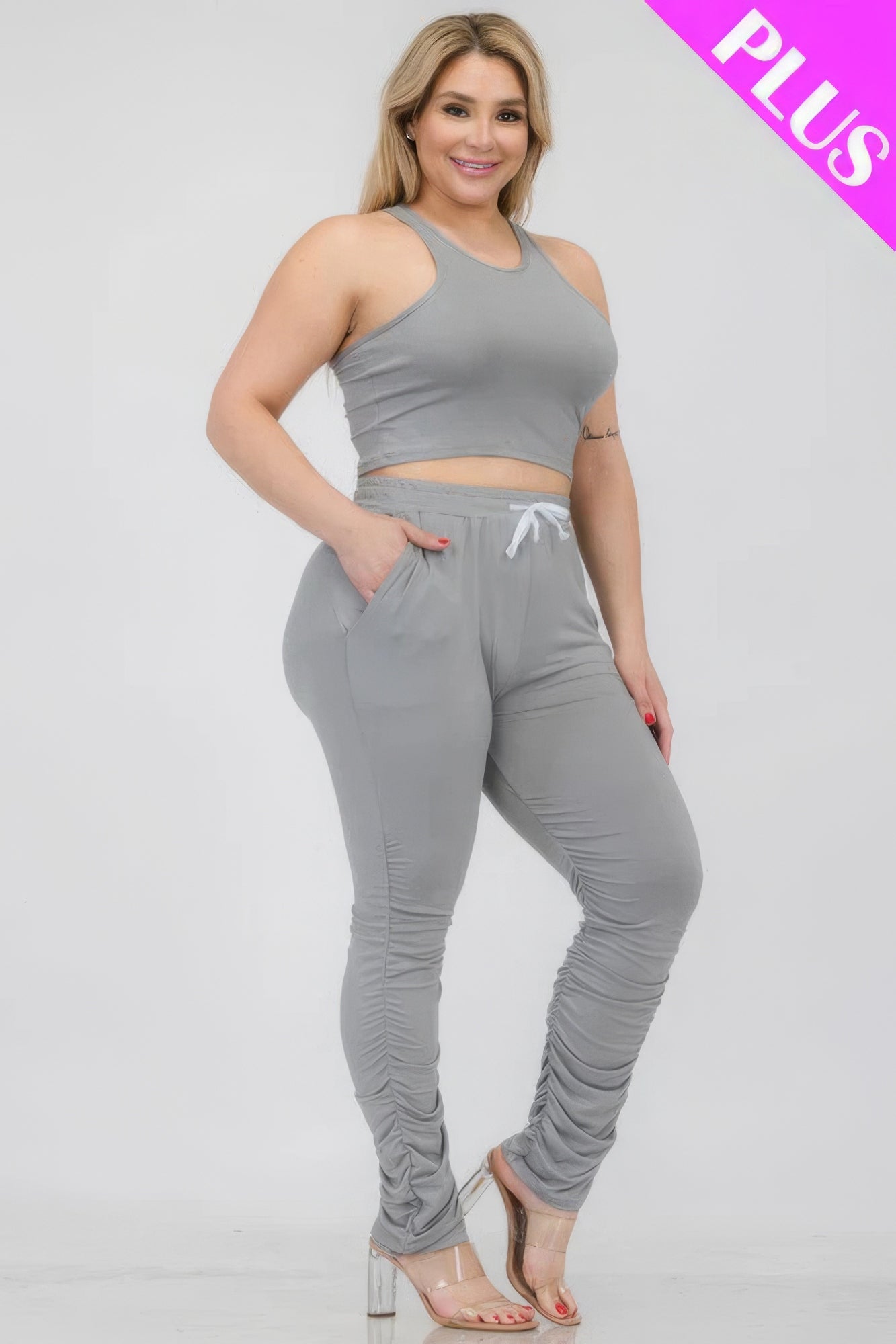 Plus Size Crop Tank Top & Ruched Pants Set