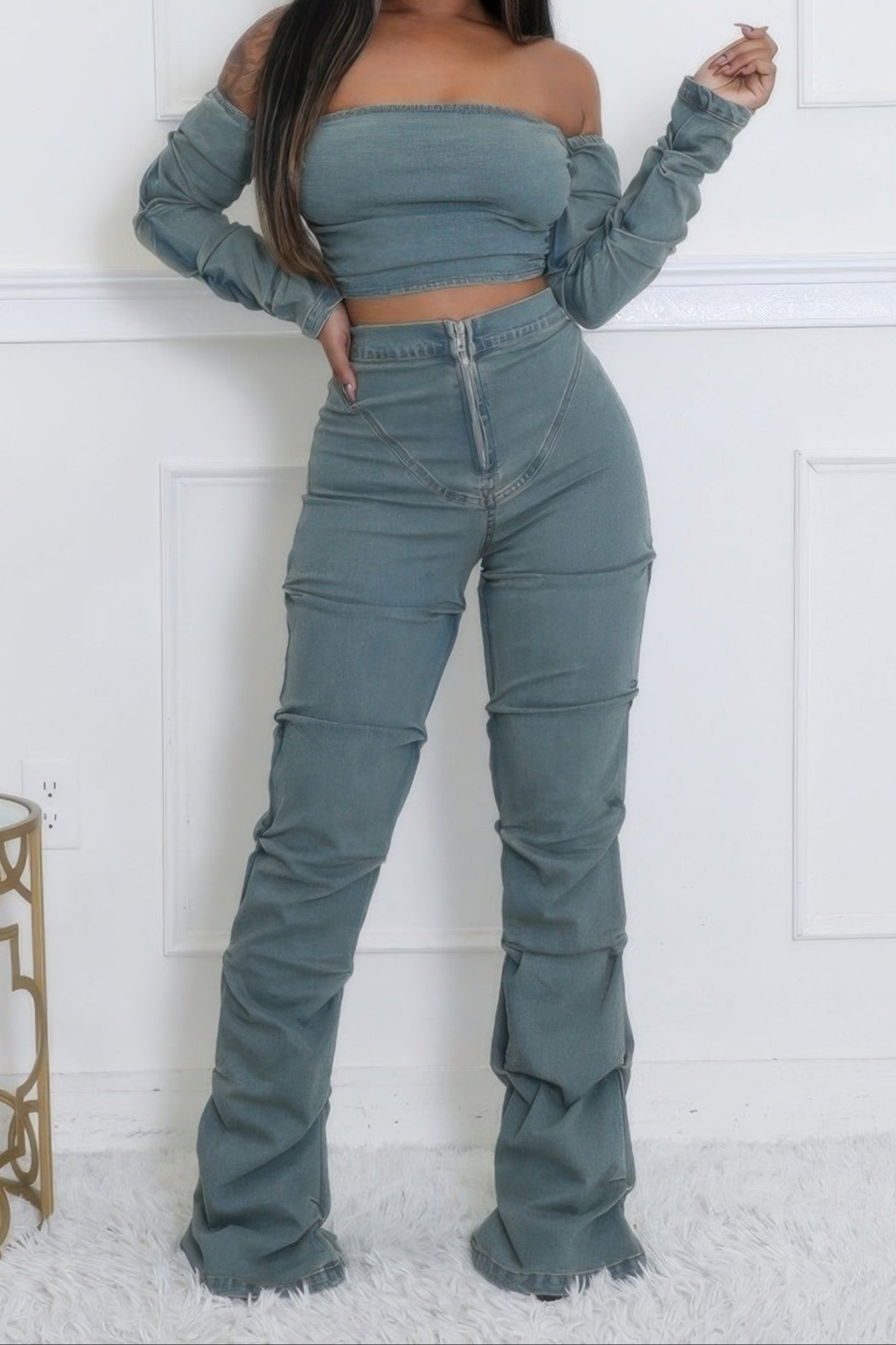 Denim Off The Shoulder Stretch Pant Set