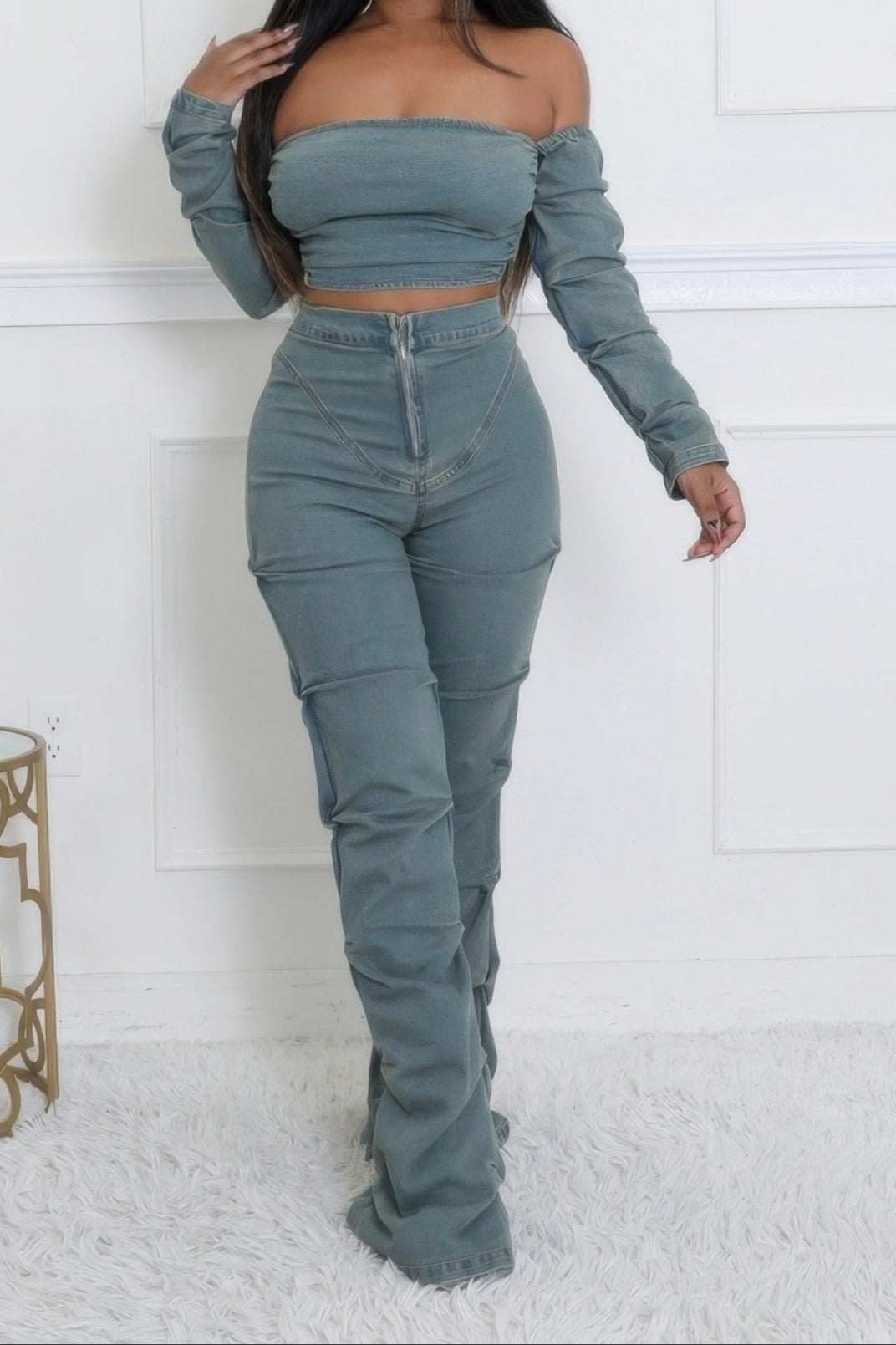 Denim Off The Shoulder Stretch Pant Set