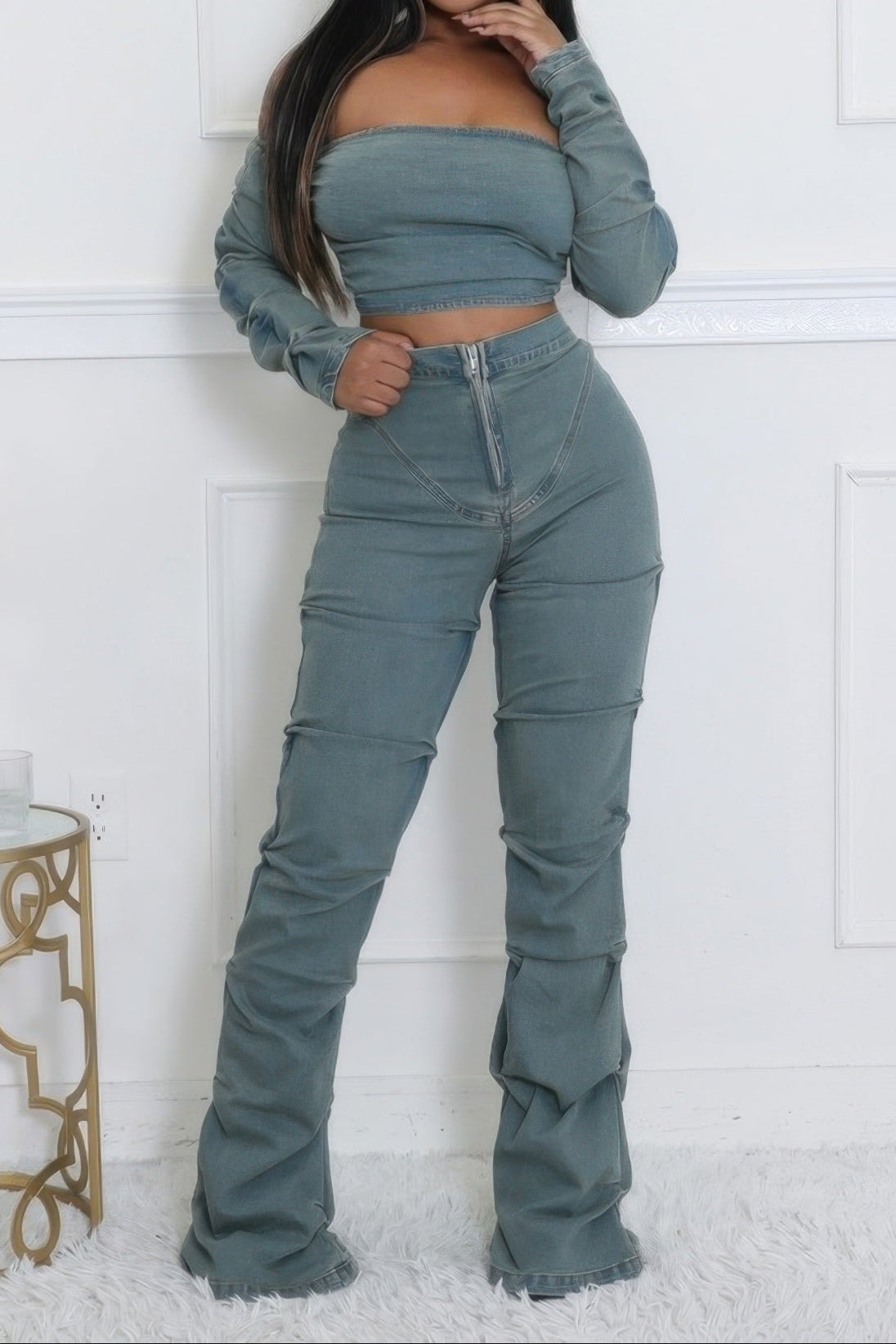 Denim Off The Shoulder Stretch Pant Set