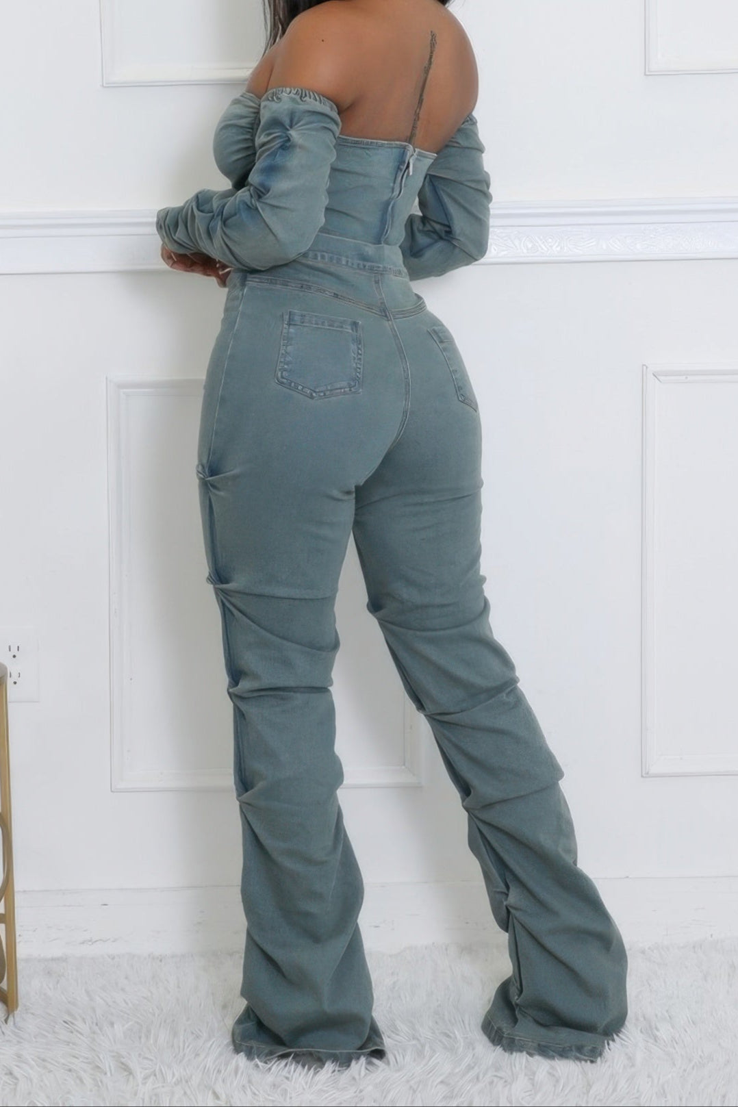 Denim Off The Shoulder Stretch Pant Set