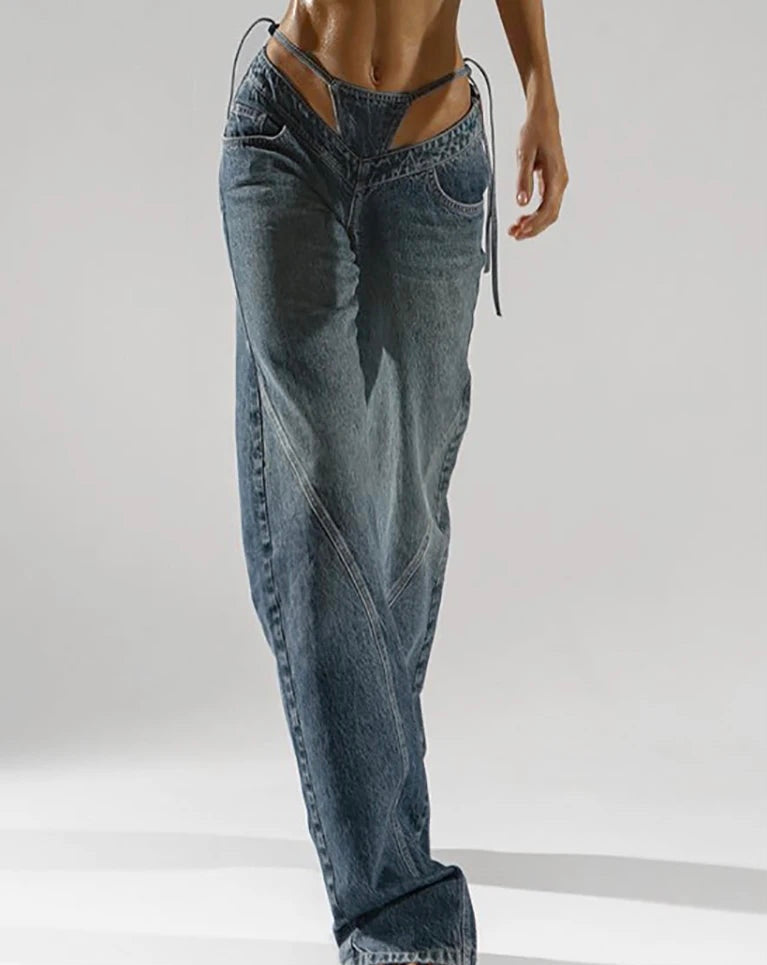 High Waisted Wide Leg V Strap Jeans