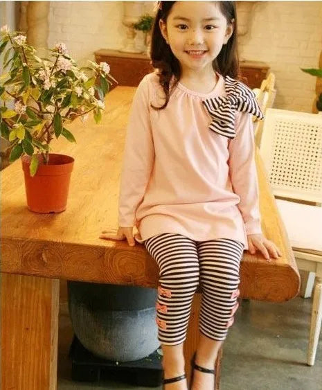 Top with Bow+Striped Leggings 2pcs Girl Set