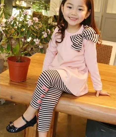 Top with Bow+Striped Leggings 2pcs Girl Set