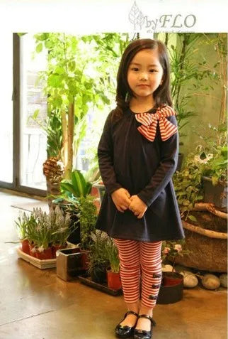 Top with Bow+Striped Leggings 2pcs Girl Set