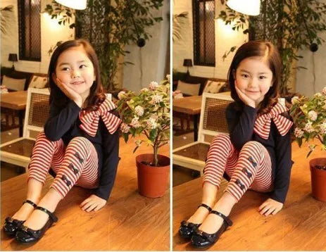 Top with Bow+Striped Leggings 2pcs Girl Set