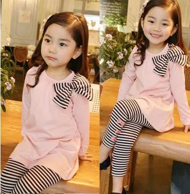 Top with Bow+Striped Leggings 2pcs Girl Set