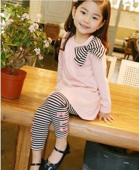 Top with Bow+Striped Leggings 2pcs Girl Set