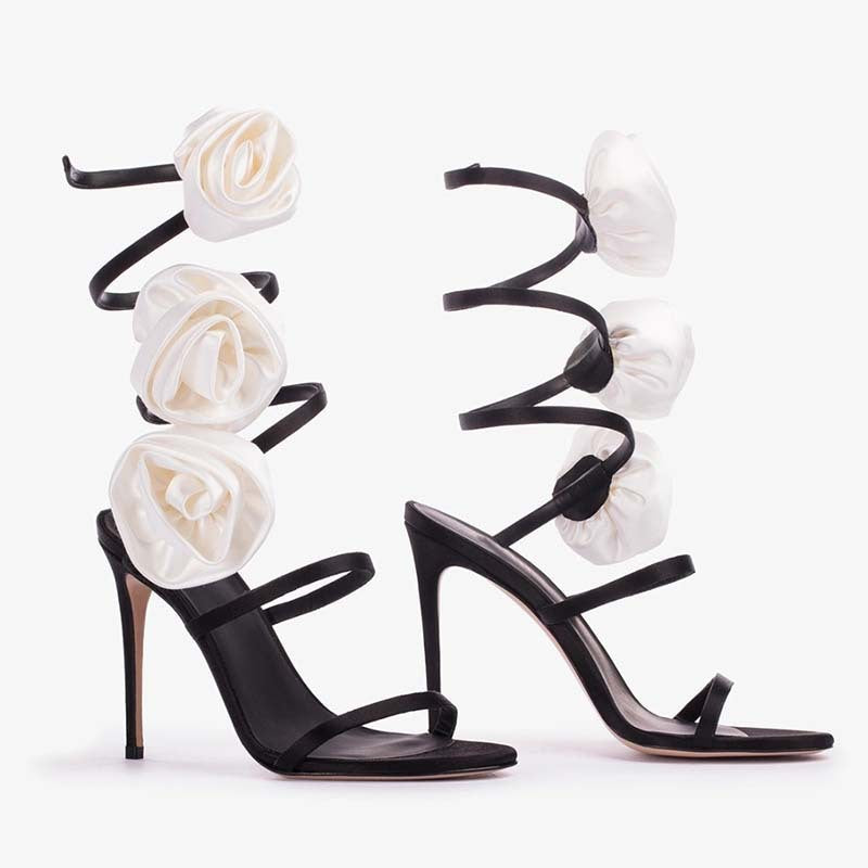 Flower Lace-up Stiletto Heel Round Toe Sandals