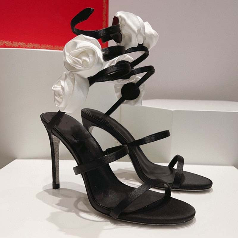 Flower Lace-up Stiletto Heel Round Toe Sandals