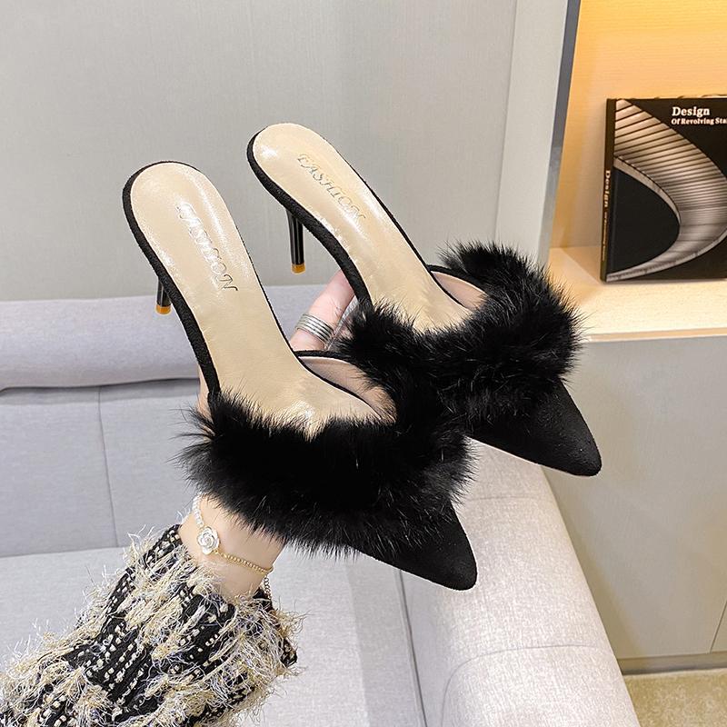 Furry High Heel Sandals Women's Wild French Pointed Fashion