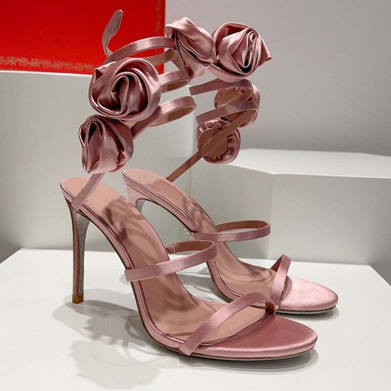 Flower Lace-up Stiletto Heel Round Toe Sandals