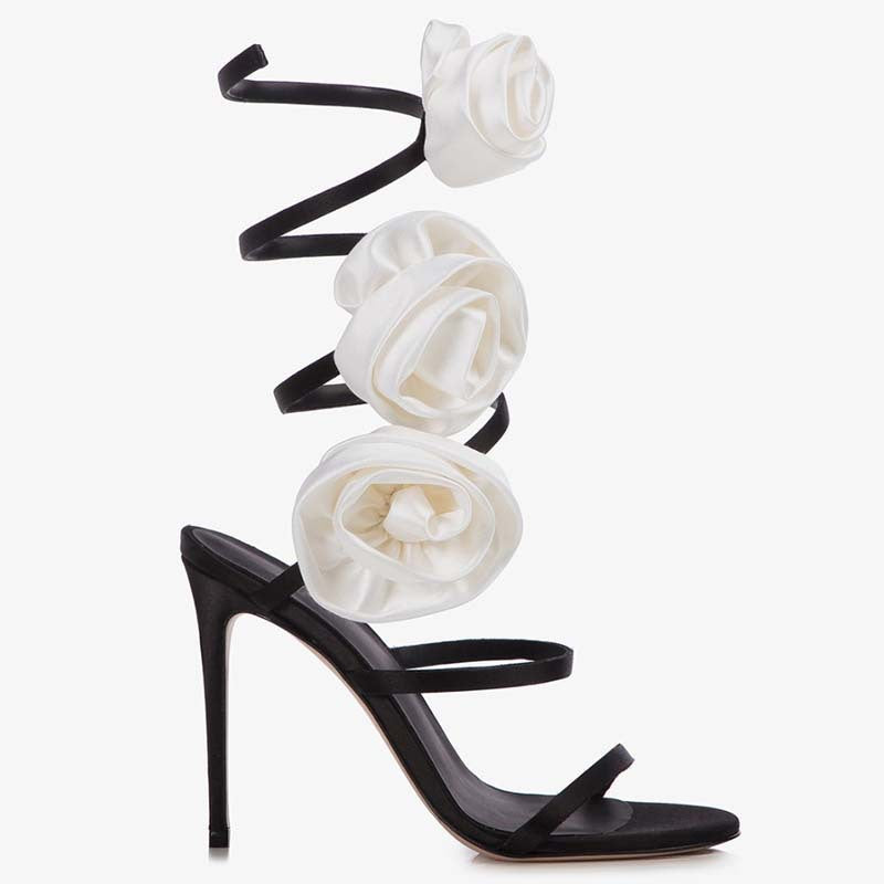 Flower Lace-up Stiletto Heel Round Toe Sandals