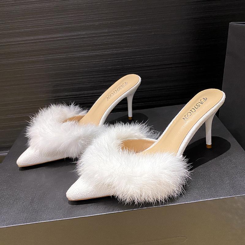 Furry High Heel Sandals Women's Wild French Pointed Fashion