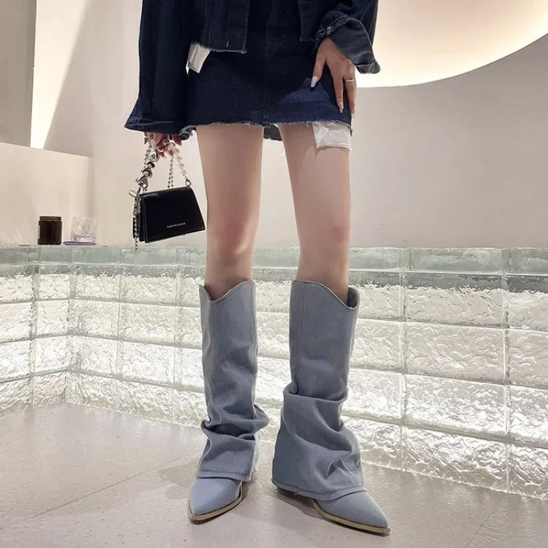 Pleats Blue Denim Cowboy Thigh High Boots