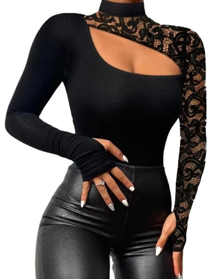 Sexy Off Shoulder Lace Irregular Long Sleeve Black Top