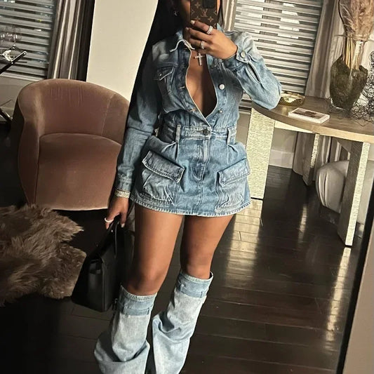 Sexy Pocket Washed Denim Cargo Mini Dress