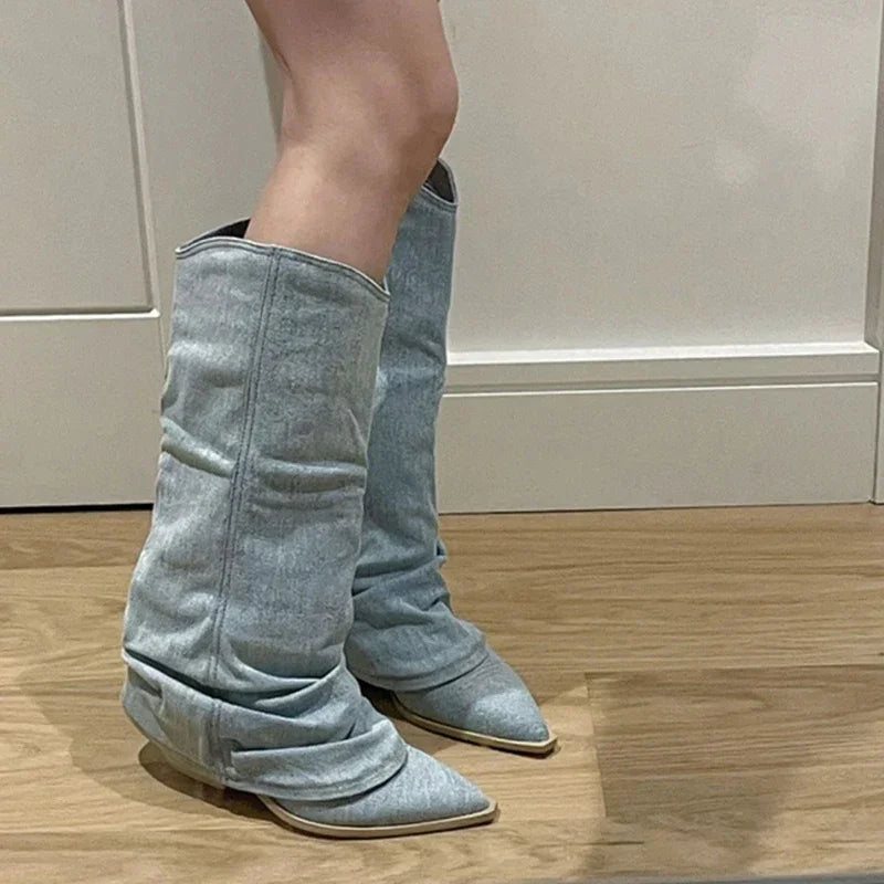 Pleats Blue Denim Cowboy Thigh High Boots