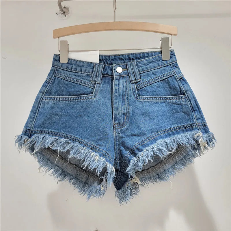 High-waisted Tassel Design Raw Denim Shorts