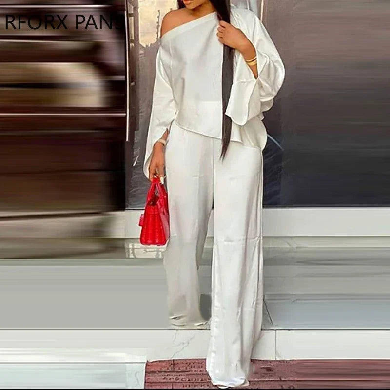 Women Solid Asymmetrical Flared Sleeves One Shoulder  Wide Leg White Pants sets