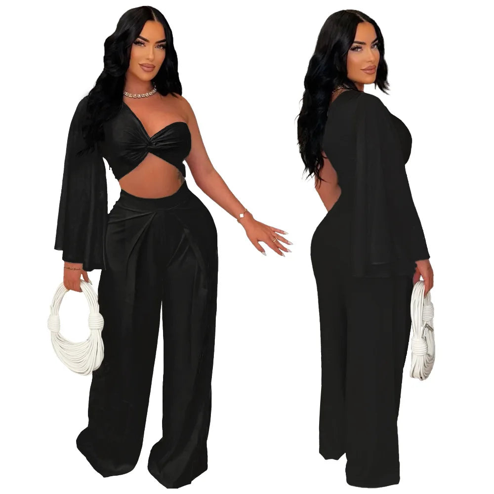 Ruched One Shoulder Sleeve Crop Top and Wide Leg Pants Suits