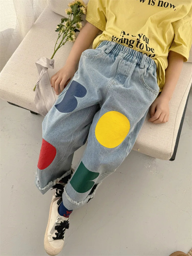 Loose Jeans Color Printing Casual Versatile Denim Trousers