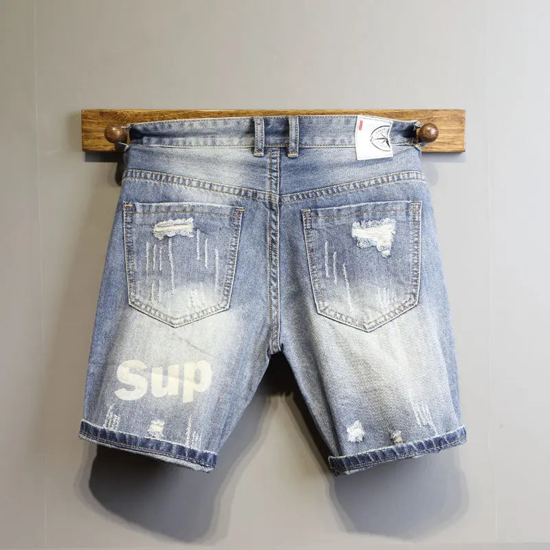 Patch Letter Print Slim Denim Shorts