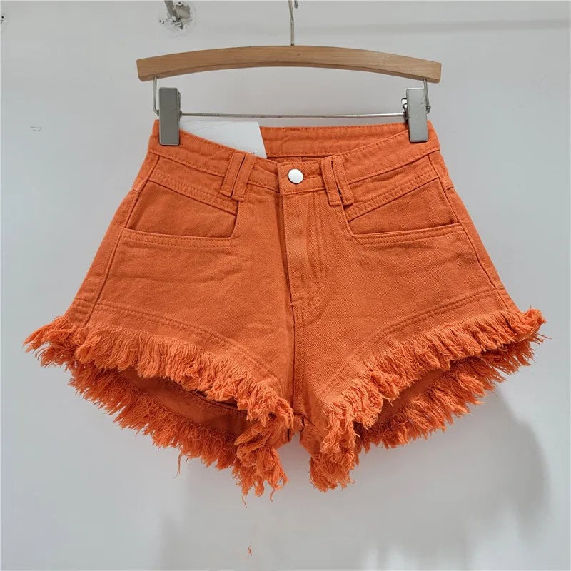 High-waisted Tassel Design Raw Denim Shorts