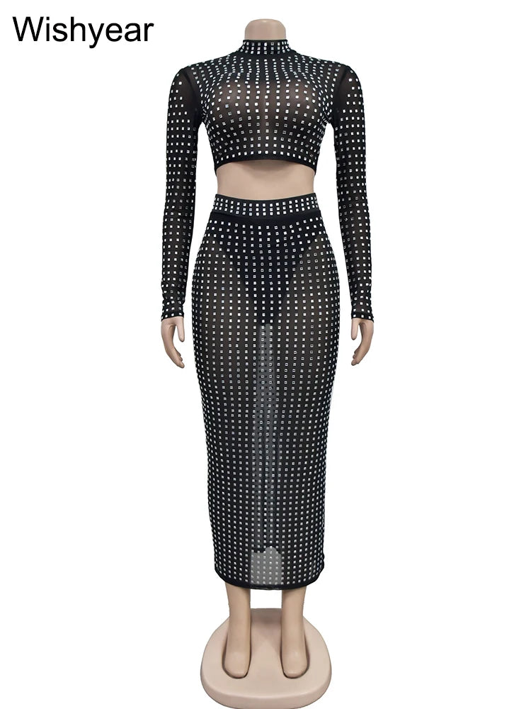 Sparking Diamonds Sexy Mesh See Through Long Sleeve Top and Skirt Set