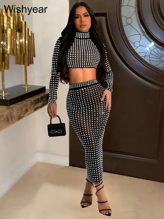 Sparking Diamonds Sexy Mesh See Through Long Sleeve Top and Skirt Set