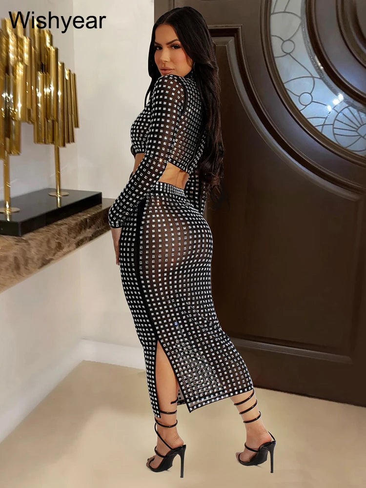 Sparking Diamonds Sexy Mesh See Through Long Sleeve Top and Skirt Set