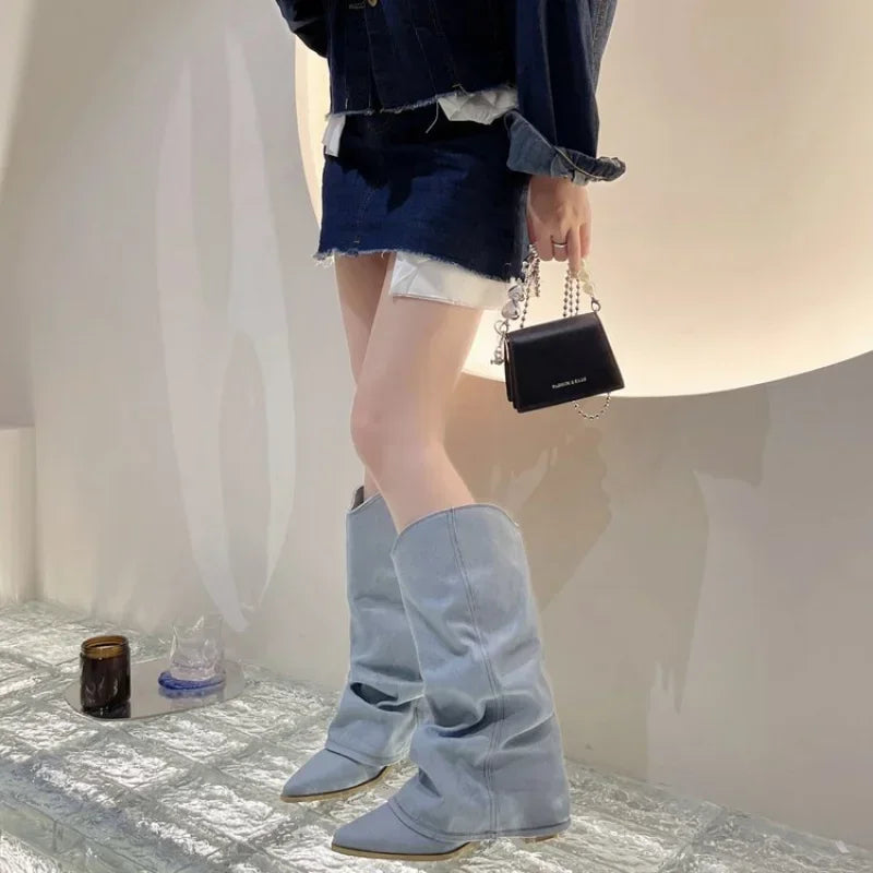 Pleats Blue Denim Cowboy Thigh High Boots