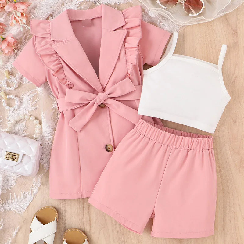 Girl Suit Strap Solid 3Pcs Summer Clothing Sets