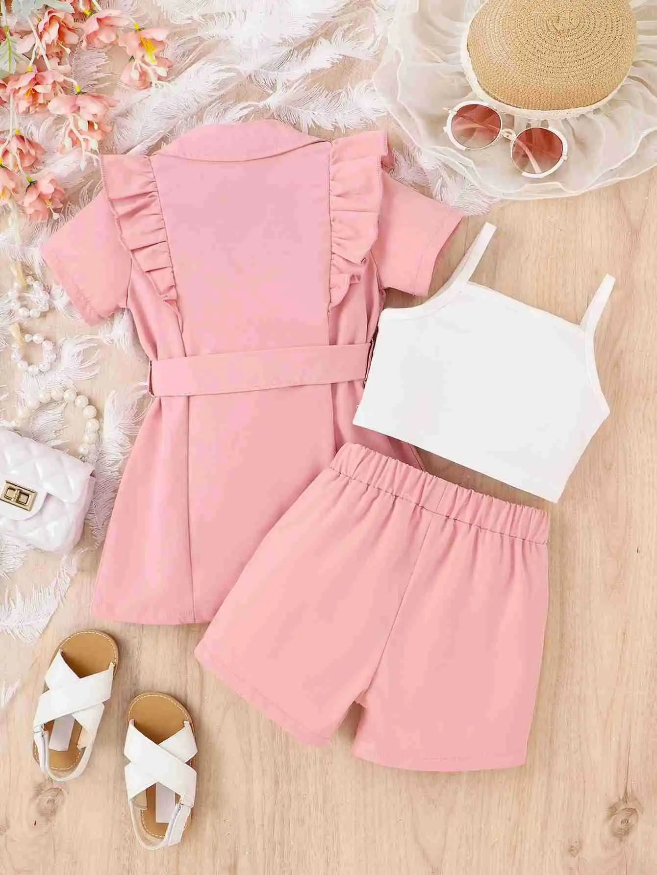 Girl Suit Strap Solid 3Pcs Summer Clothing Sets