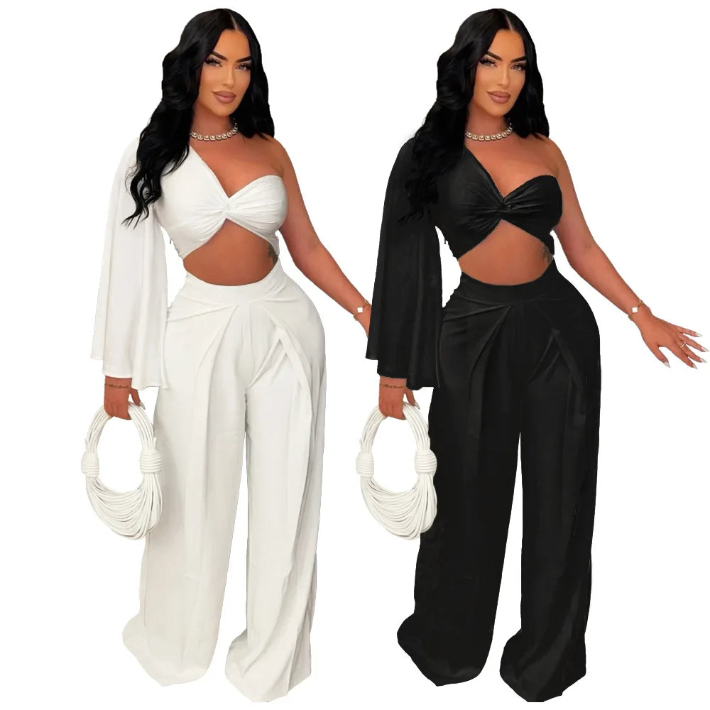 Ruched One Shoulder Sleeve Crop Top and Wide Leg Pants Suits