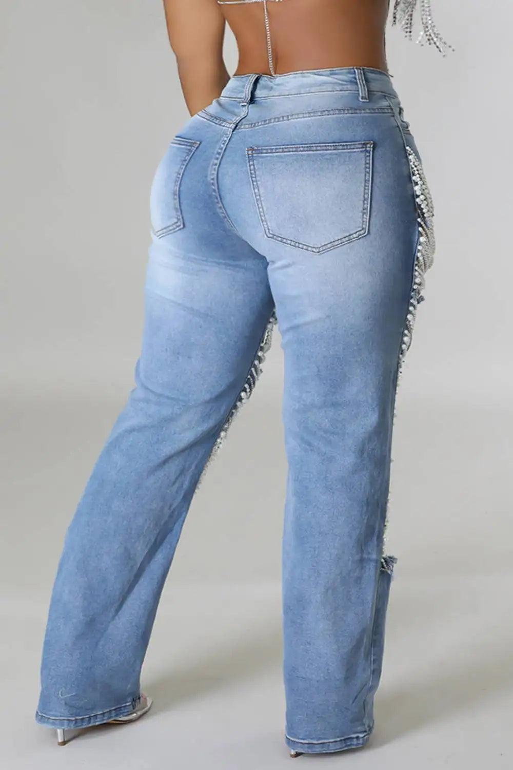 Casual Vintage Cutout High Waist Pearls Denim Jeans