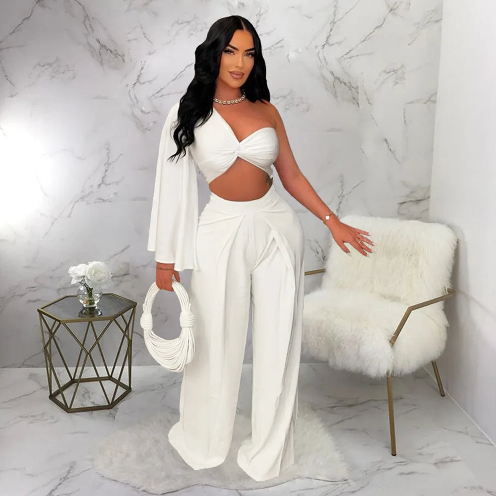 Ruched One Shoulder Sleeve Crop Top and Wide Leg Pants Suits