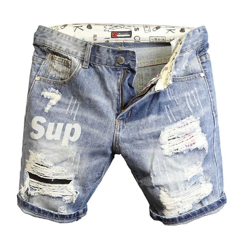 Patch Letter Print Slim Denim Shorts