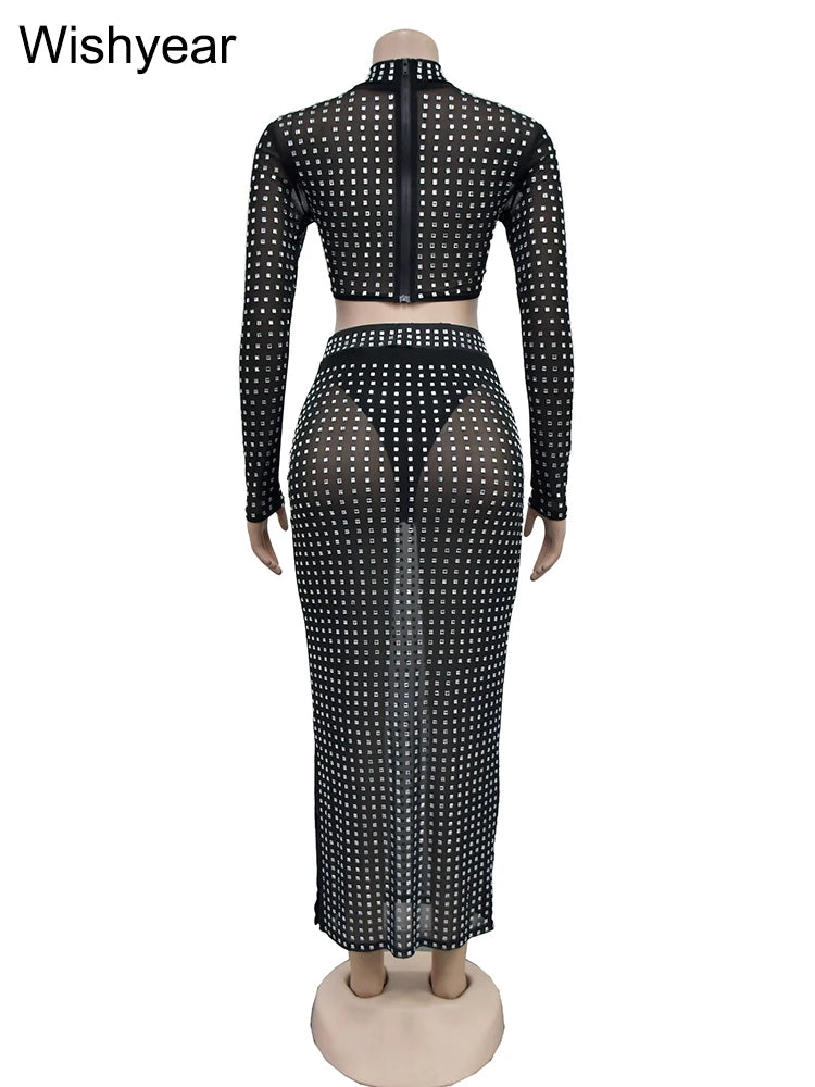 Sparking Diamonds Sexy Mesh See Through Long Sleeve Top and Skirt Set