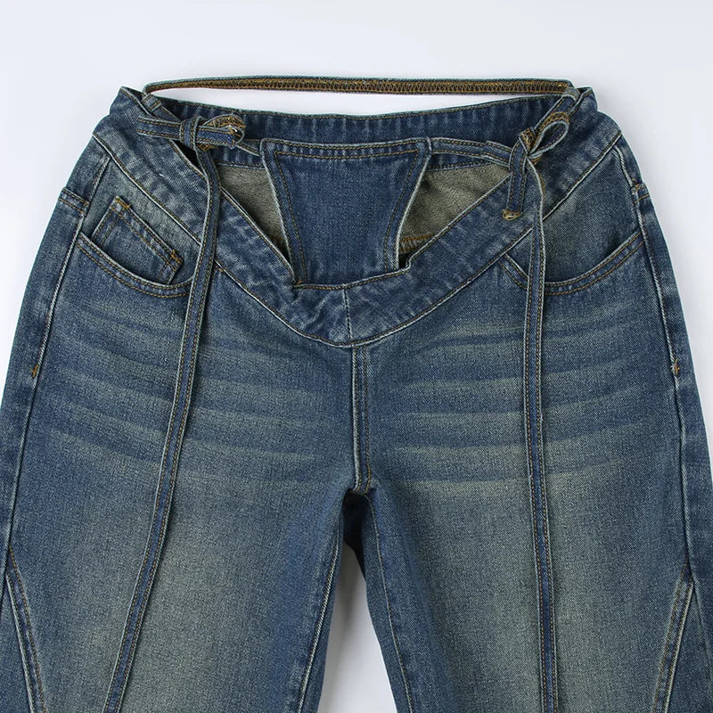 High Waisted Wide Leg V Strap Jeans